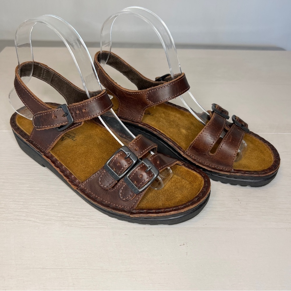 NAOT Brown Leather Buckle Ankle Strap Sandals